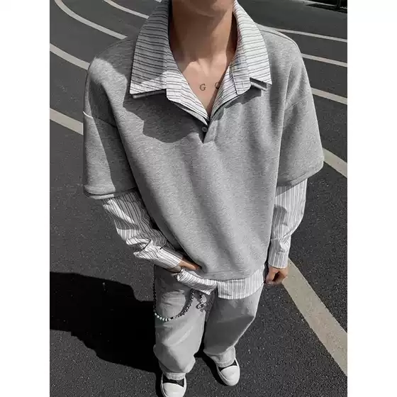 American-style faux two-piece striped polo shirt sweatshirt for men, trendy brand, loose fit, college style, stylish turn-down collar top for spring and autumn