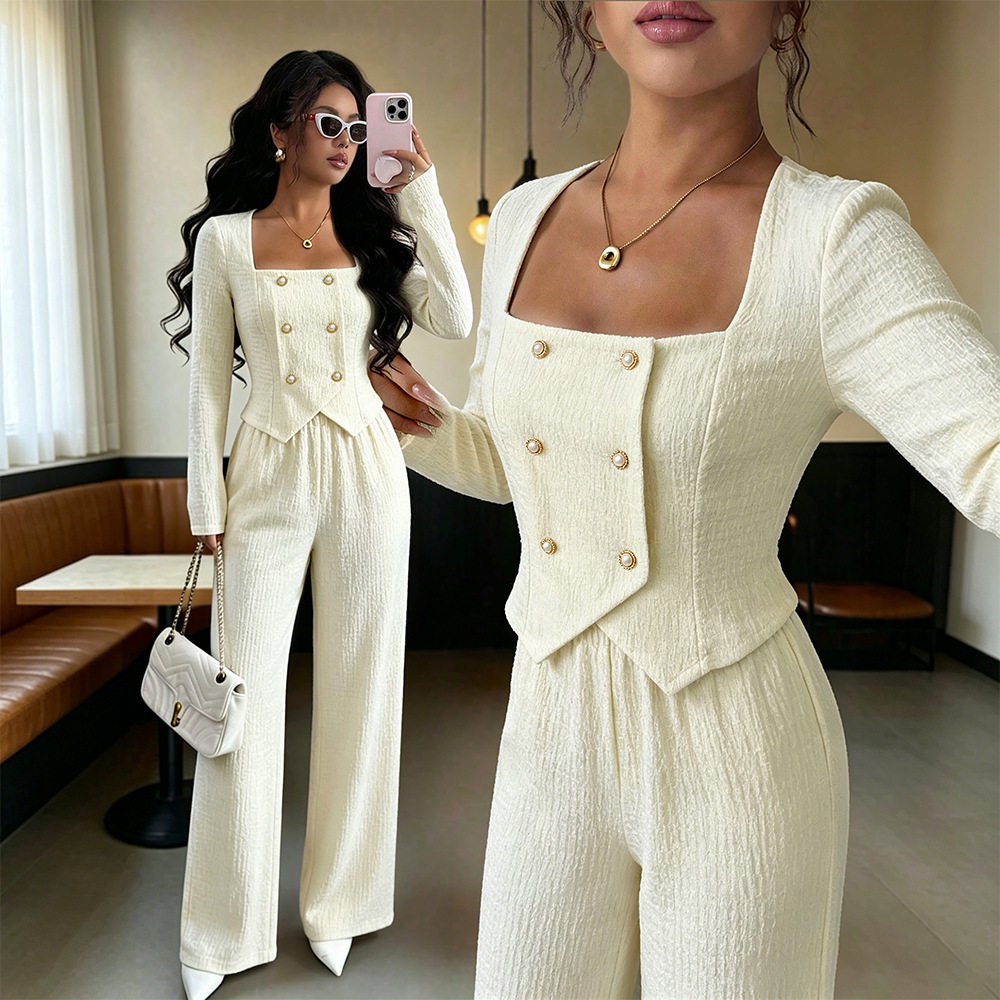 Double Breasted Square Neck Top and Wide Leg Pants Set Tailored Fit Elegant Style Perfect for Office Wear Wholesale