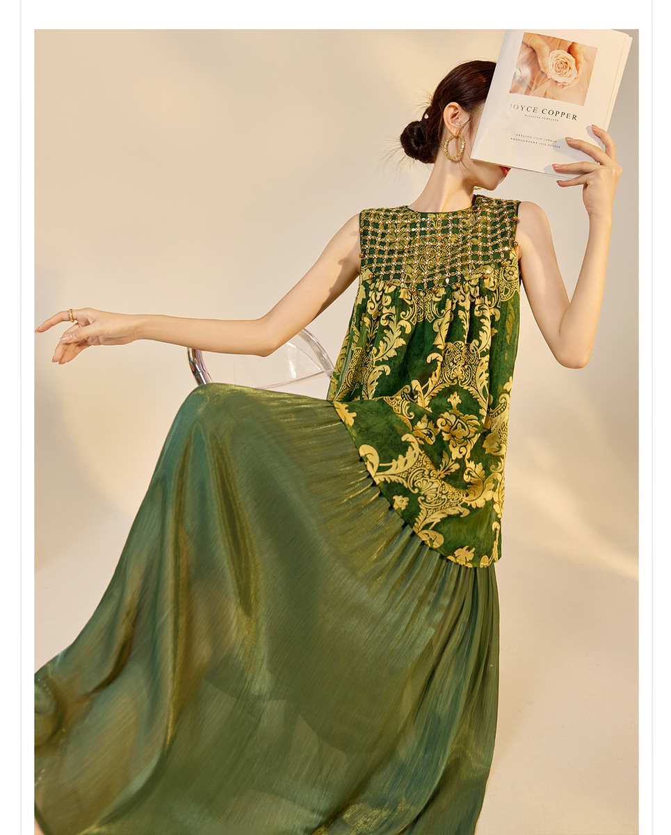 Đầm maxi nữ dài không tay cổ tròn đính cườm thêu hoa dáng tiên nữ — màu vàng kim, Xanh lá cây
