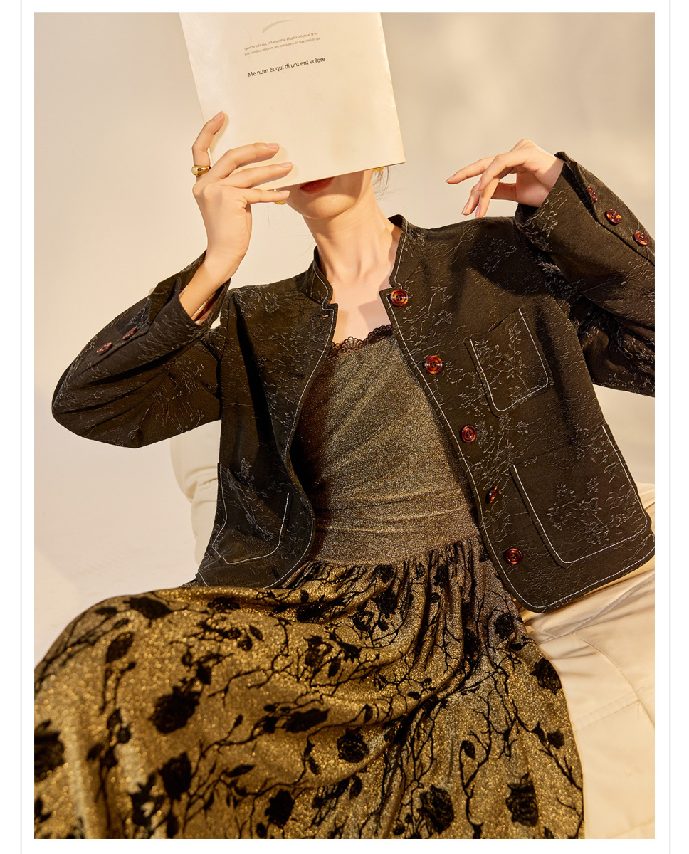 Áo khoác ngắn dệt jacquard họa tiết hoa cổ tròn tay dài phong cách retro — Lan Dạ Hắc (giao hàng 7 ngày)