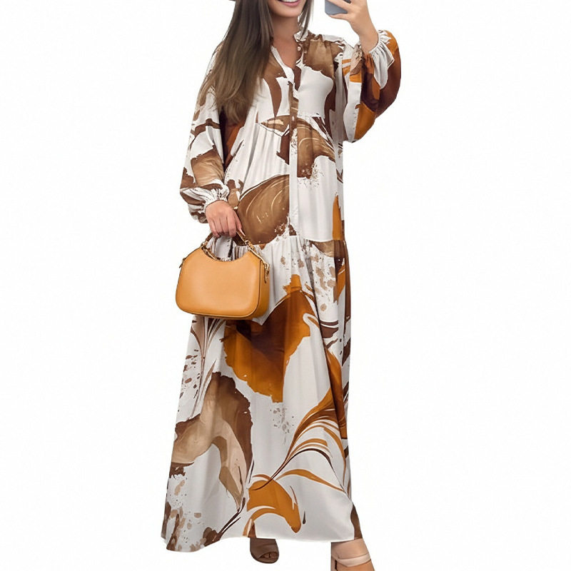 Womens Spring Dress Elegant Color Block Print Single Breasted Design Perfect for Casual or Formal Occasions