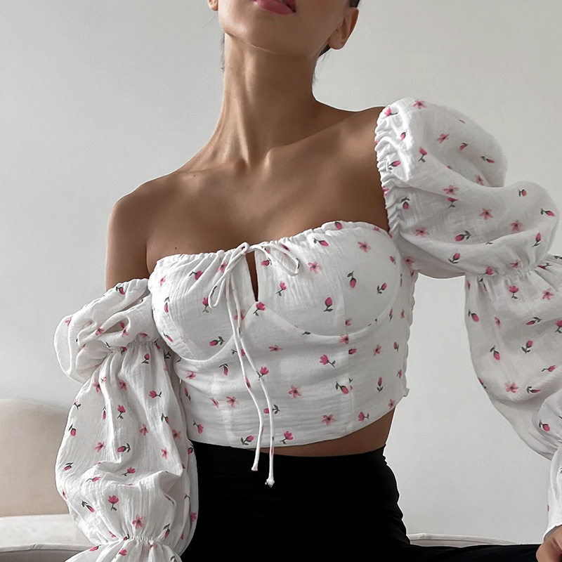 Womens Floral Crop Top Fresh Sweet French Style Puff Sleeves Square Neck Tie Detail Perfect for Spring and Autumn