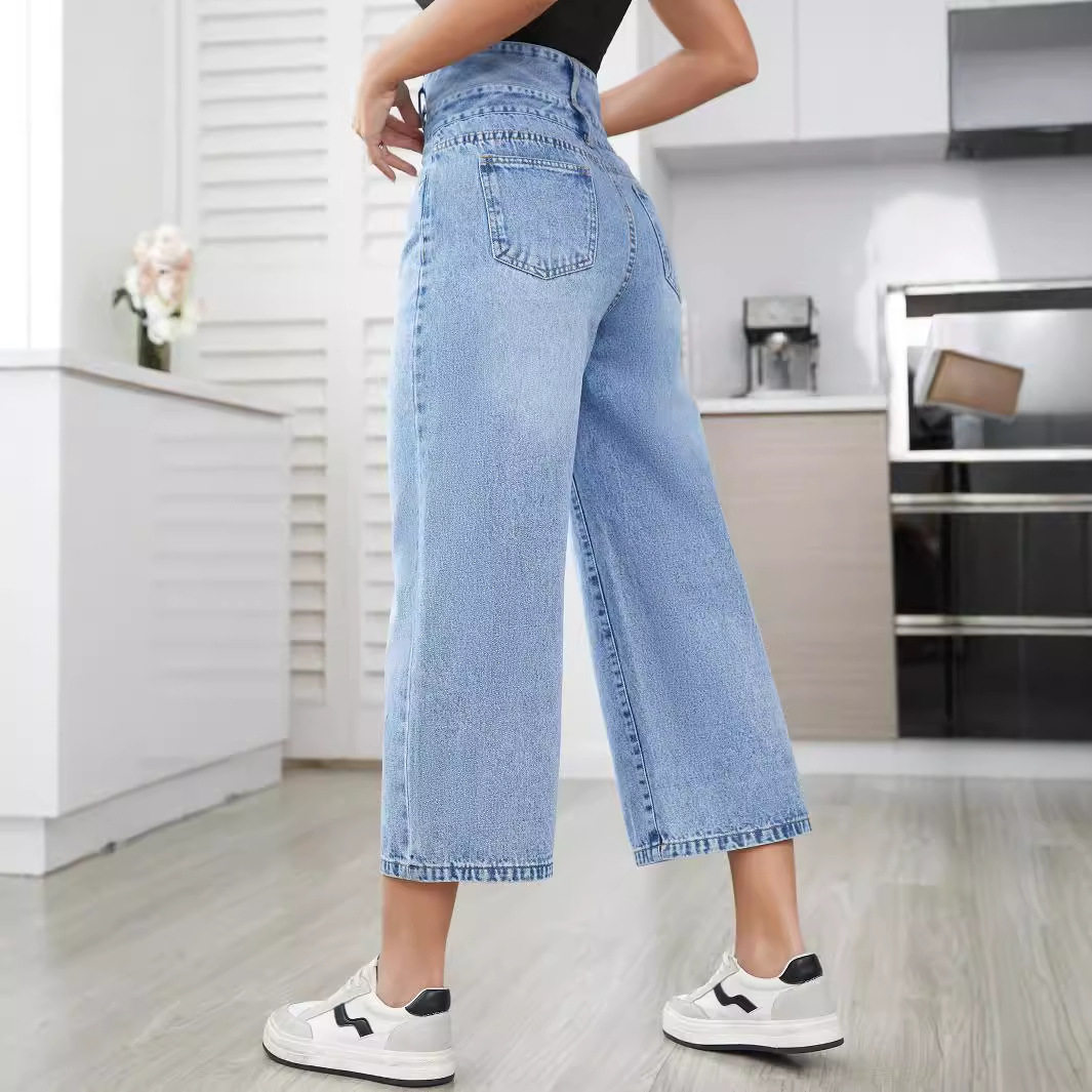 High Waisted Wide Leg Jeans Straight Cut Cropped Length Denim Fabric Casual Wear for Women Wholesale Available