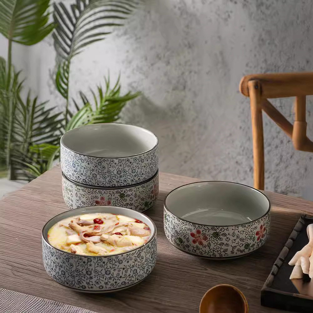 Jixiang Flower Ceramic Large Soup Bowl Straight Body Wide Mouth Noodle Bowl Seafood Soup Bowl Large Ceramic Bowl Household Sweet Soup Bowl