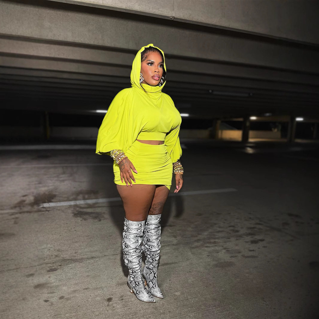 GL602 European and American Cross-border Spring and Summer Hooded Bubble Sleeve Navel Short Top Waist Pleated Bag Skirt Two-piece Suit