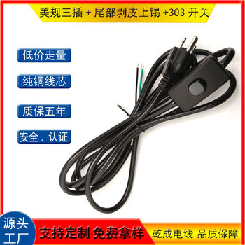 American standard three-plug plus 303 switch power cord tail peeling tin AC cable American standard three-core plug cable