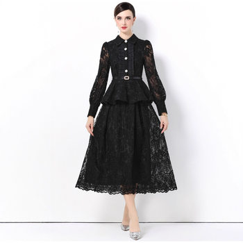 Celebrity French-Style Heavy Mesh Embroidery Lapel Waist Slimming Shirt Fairy Exquisite Age-Reducing Long Skirt Two-Piece Set