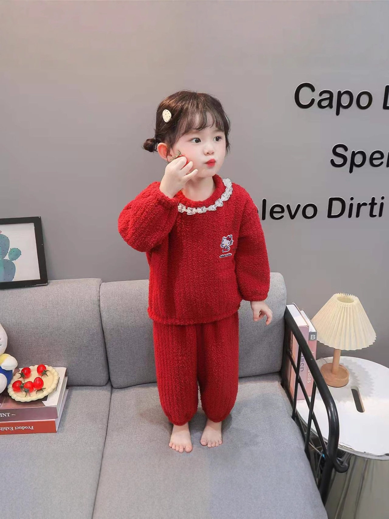 Girls' Autumn & Winter Pajamas, New Style, Half-Fleece Lace-Trimmed Set, Coral Fleece Winter Loungewear