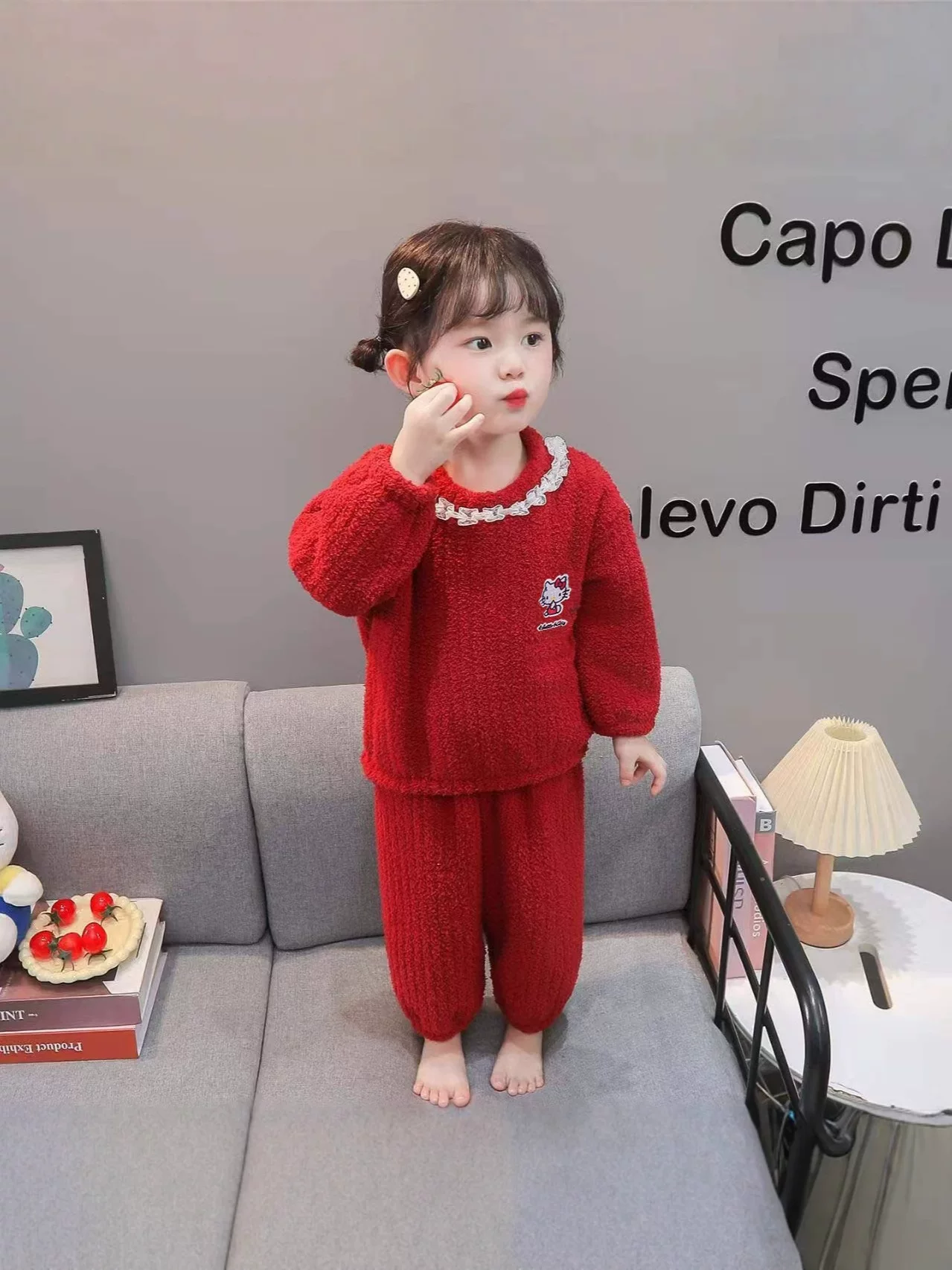 Girls' Autumn & Winter Pajamas, New Style, Half-Fleece Lace-Trimmed Set, Coral Fleece Winter Loungewear