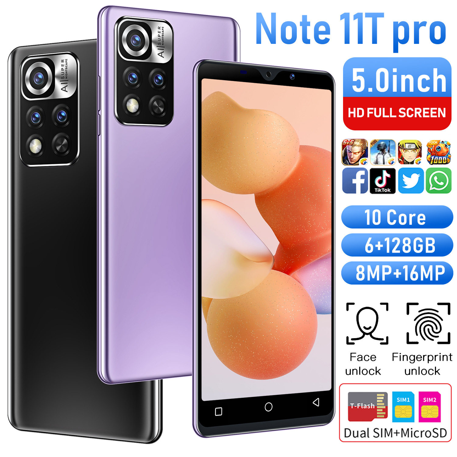 Note11T Pro大屏5.0英寸1GB+8GB 爆款跨境手机智能机现货可代发