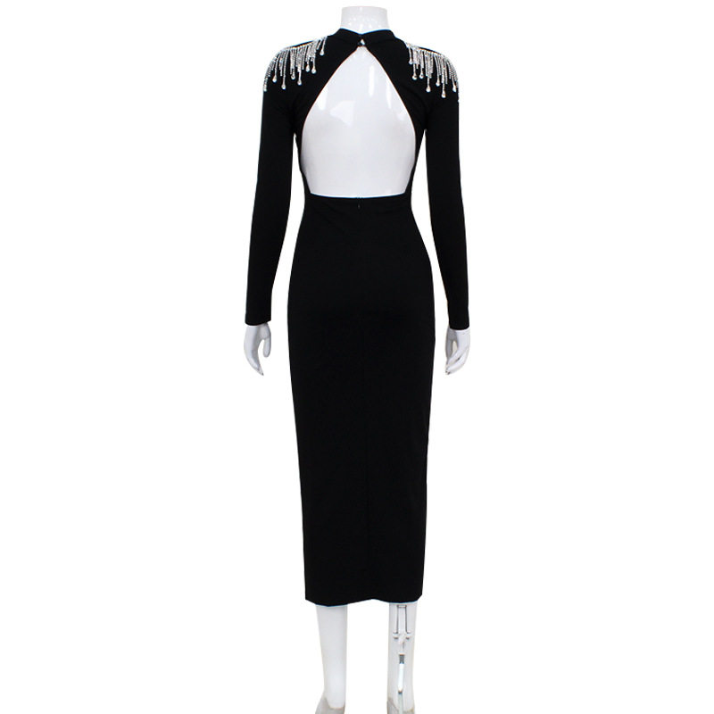 Elegant High Split Long Sleeve Dress Solid Color High Waist Rhinestone Details Perfect for Evening Events Wholesale