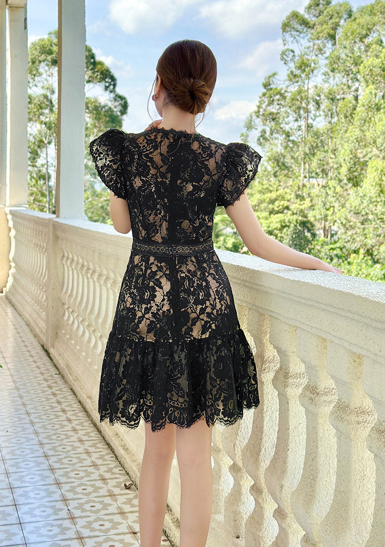 Đầm ren ôm body nữ cổ tròn tay ngắn phong cách Pháp — [Đen] chi tiết 12