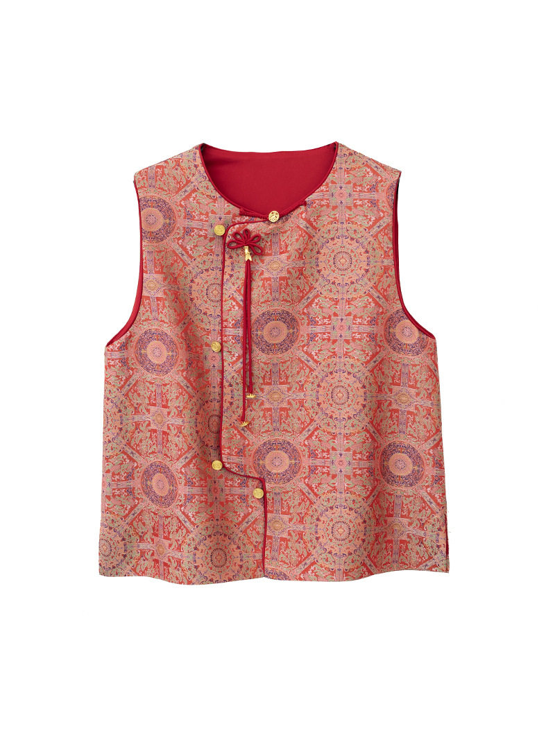 Wholesale from the Source—New Year Intangible Cultural Heritage Brocade Satin Vest, Luxurious Retro New Chinese Style National Style Disc Button Waistcoat Top