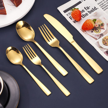 Stainless Steel Five-piece Western Food Fork Spoon Steak Knife and Fork Hotel suit Cross-border Tableware Amazon Square Handle Dessert Spoon