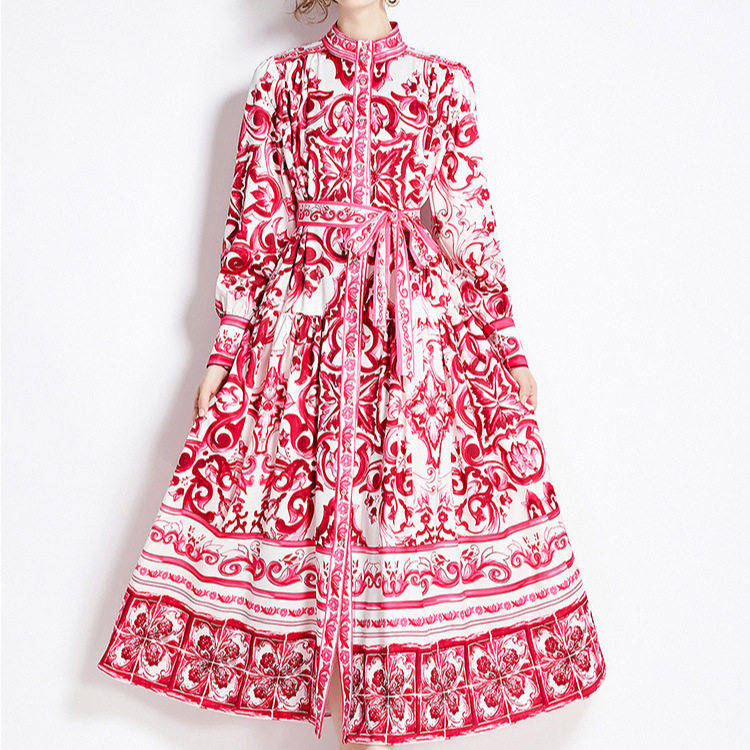 Elegant Long Floral Dress for Women Spring Collection Slim Fit Stand Collar Button Closure Perfect for Formal