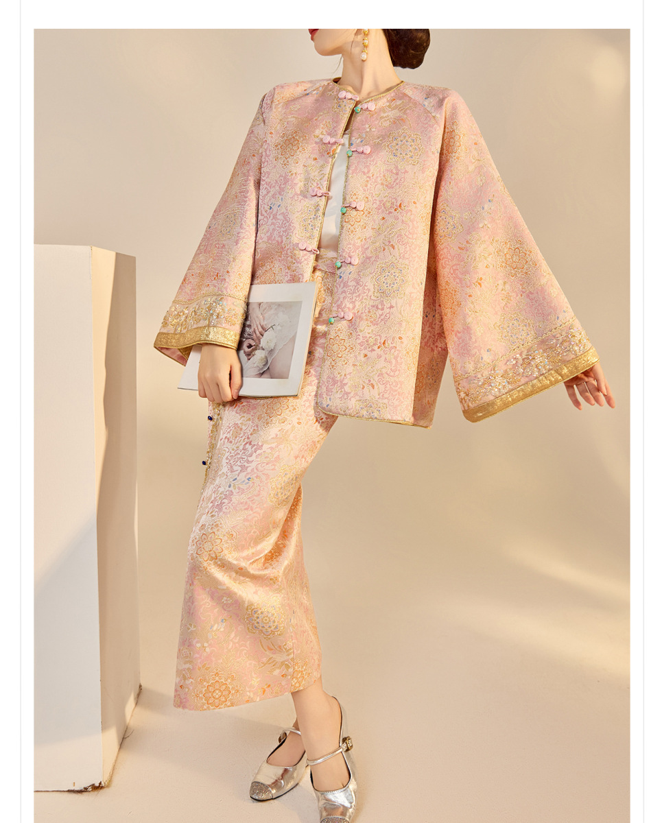 Bộ áo khoác và chân váy nữ dài tay thêu đính cườm họa tiết hoa — Váy Jacquard (giao hàng trong 7 ngày), Váy Jacquard (giao hàng trong ngày), Áo khoác Jacquard (giao hàng trong 7 ngày), Áo khoác Jacquard (giao hàng trong ngày)