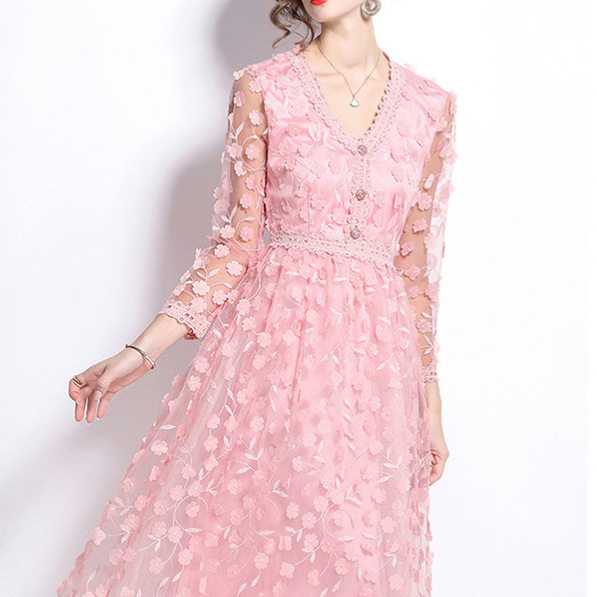 French Court Style V Neck Dress High End Embroidery Tulle Fabric Elegant Design Spring Autumn Evening Wear