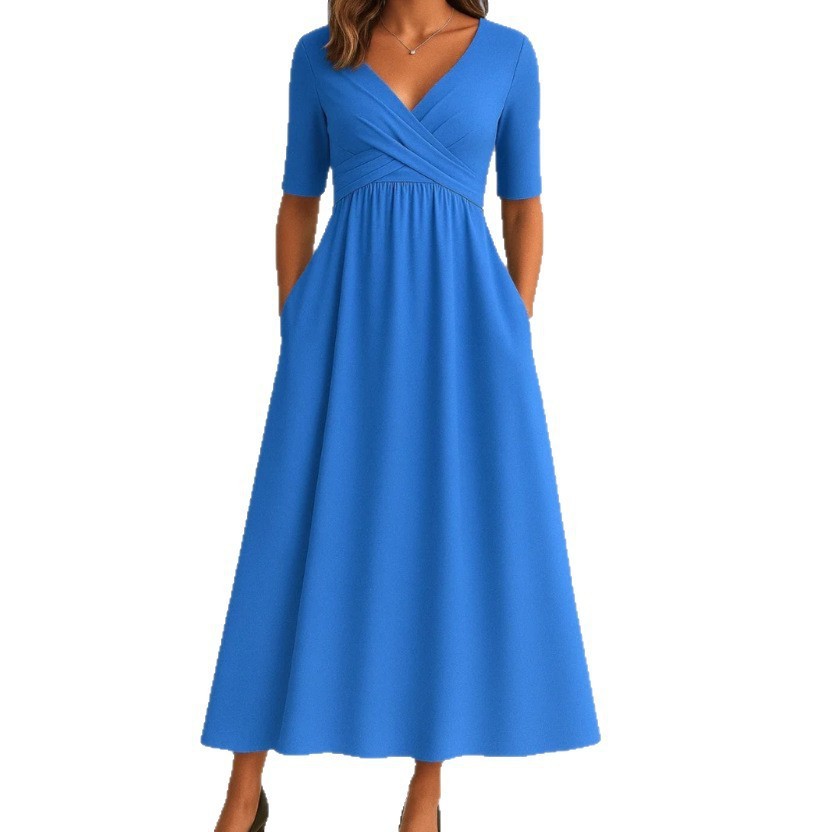 Elegant Womens Solid Color Maxi Dress V Neck Mid Sleeve Summer Style Available for Wholesale