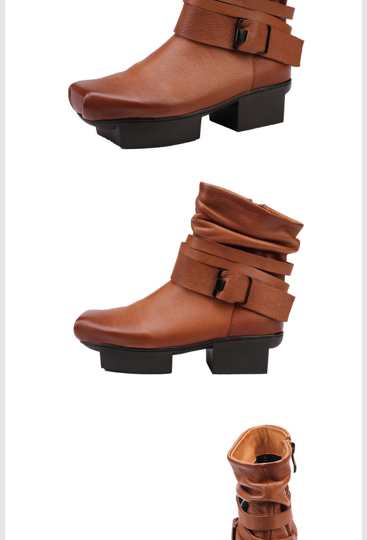 Boot nữ da bò thật cổ thấp mũi vuông gót vừa phong cách retro — màu đen, màu nâu