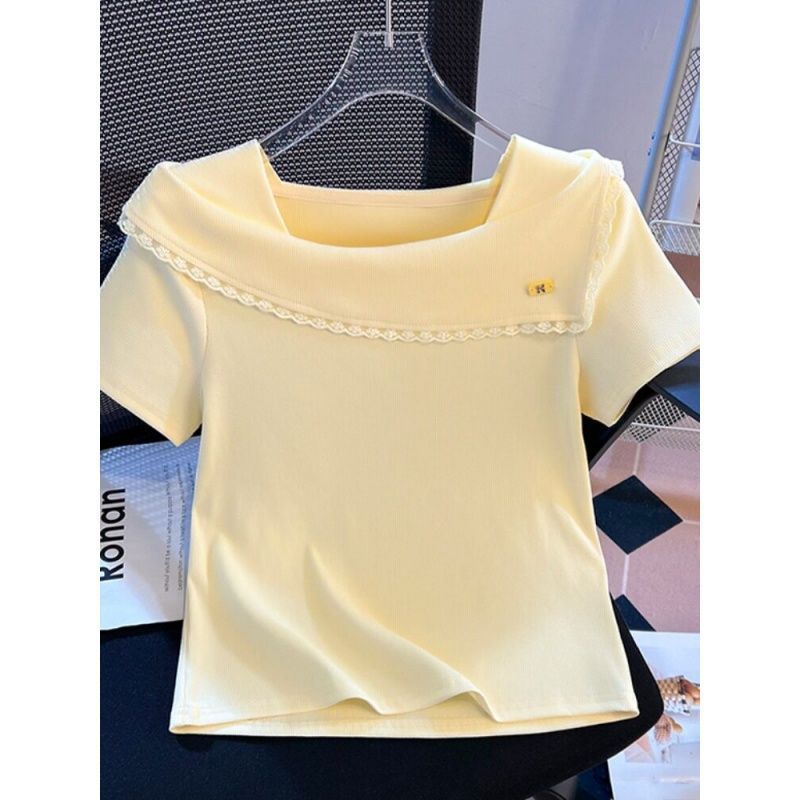 Lace Trim Square Neck Short Sleeve T Shirt Slim Fit Solid Color Soft Fabric Summer Casual Wear Wholesale Available