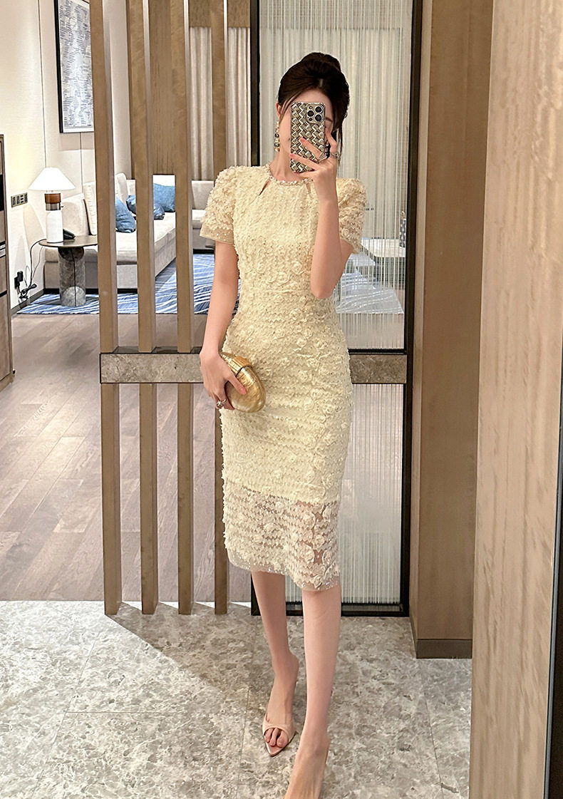 Đầm ren ôm body nữ cổ tròn tay bồng cao eo 2025 — [Trắng hồng], [Tím] chi tiết 10