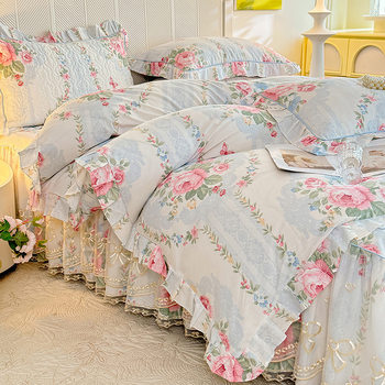 Cotton Bed Skirt Four-Piece Set, Pastoral Style Small Floral Bedspread with Lace, Pure Cotton Three-Piece Set, Single Duvet Cover, Nantong Four-Season Style