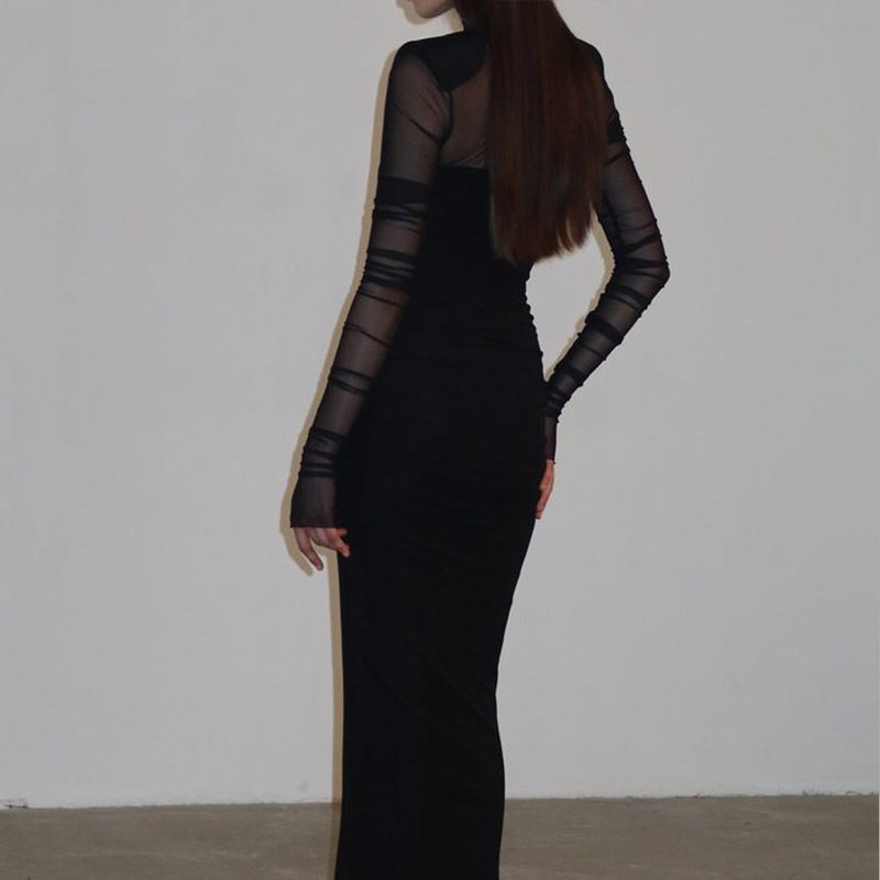 Elegant Womens Long Dress Half Turtleneck Sheer Mesh Panels Fitted Silhouette Solid Color Shoulder Pads Evening