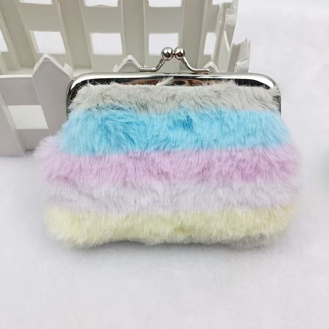 New Stripesd Plush Coin Purse, 4inch Rainbow Bank Card Storage Bag, Small Gift Key Bag
