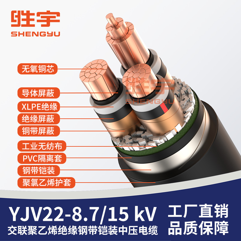 ZA-YJV22 8.7/15kV 阻燃A级中压电缆 三芯铜芯钢带铠装电力电缆线 - 图0