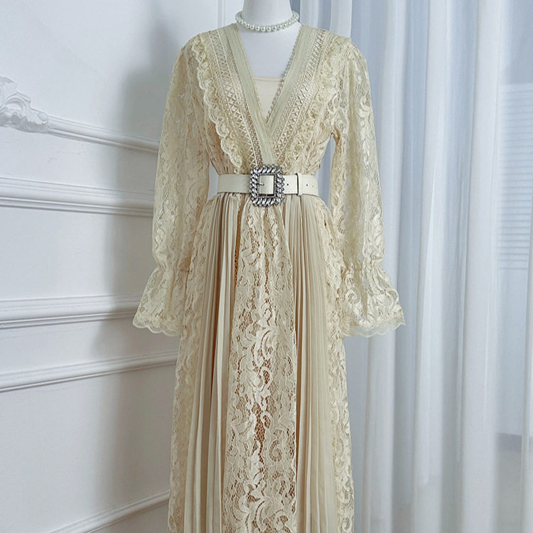 Elegant Lace V Neck Dress French Chic Waist Tie Pleated Skirt Long Sleeve Perfect for Autumn Events Wholesale