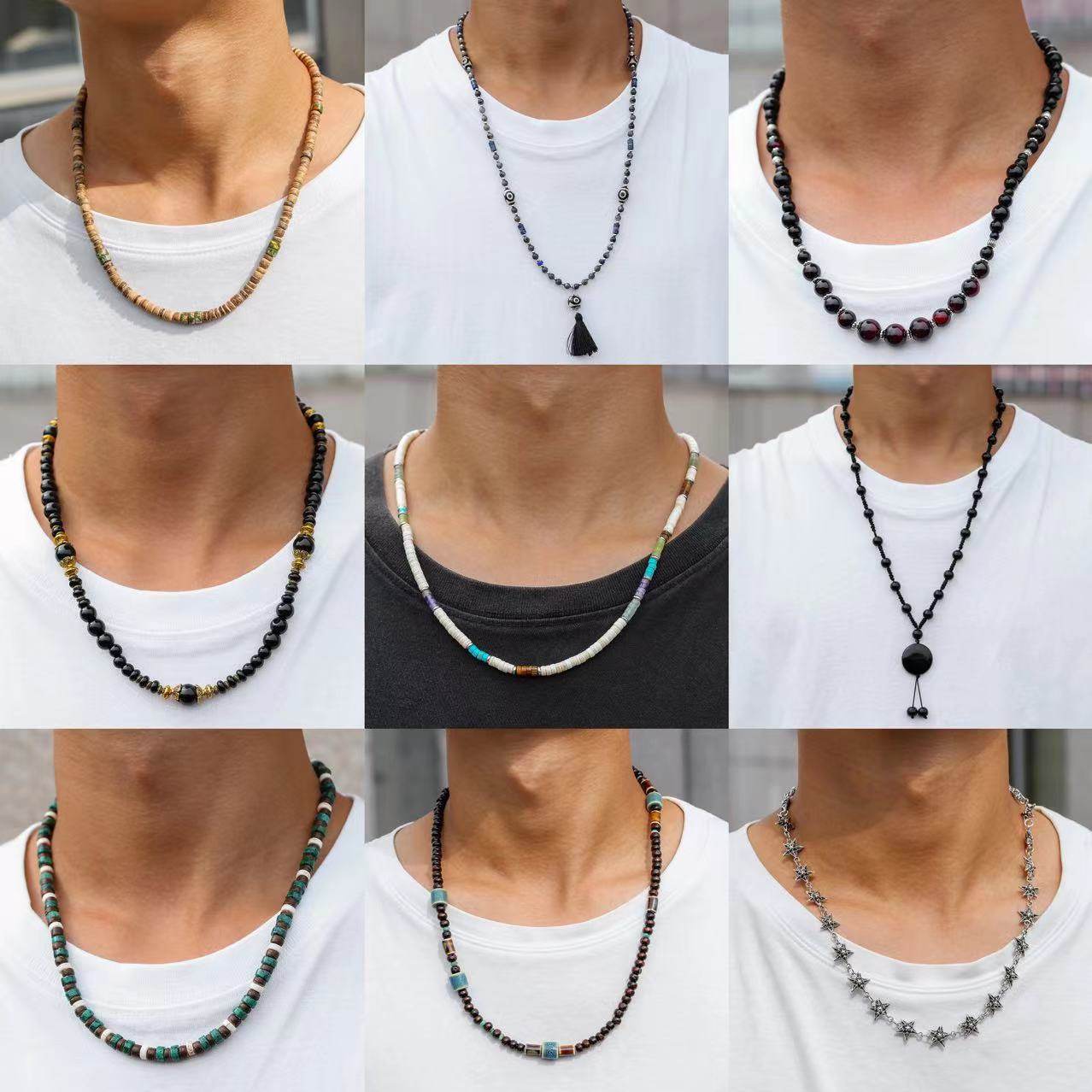 Cross-Border New Products European and American Retro Style Crystal Natural Stone Beads Splicing Niche Stacked Clavicle Chain Men's and Women's Necklaces