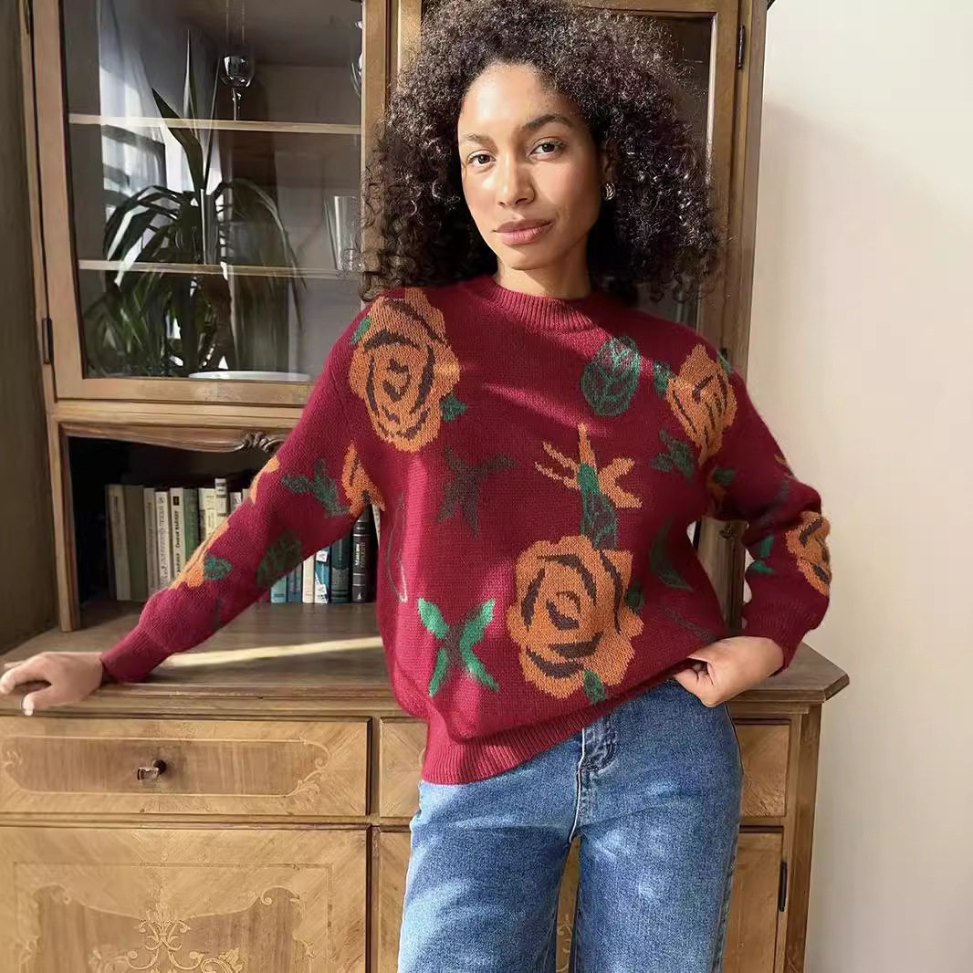 Womens Loose Fit Round Neck Sweater Soft Knit Floral Pattern Cozy Fabric Autumn Winter Fashion Wholesale Available