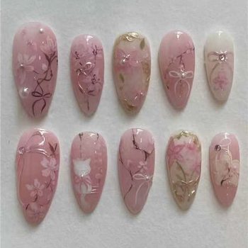 Pink Cherry Blossom Kitten European and American Manicure Patches Fake Nails Cross-Border Wearable Nails Wholesale European and American Nails with Diamonds