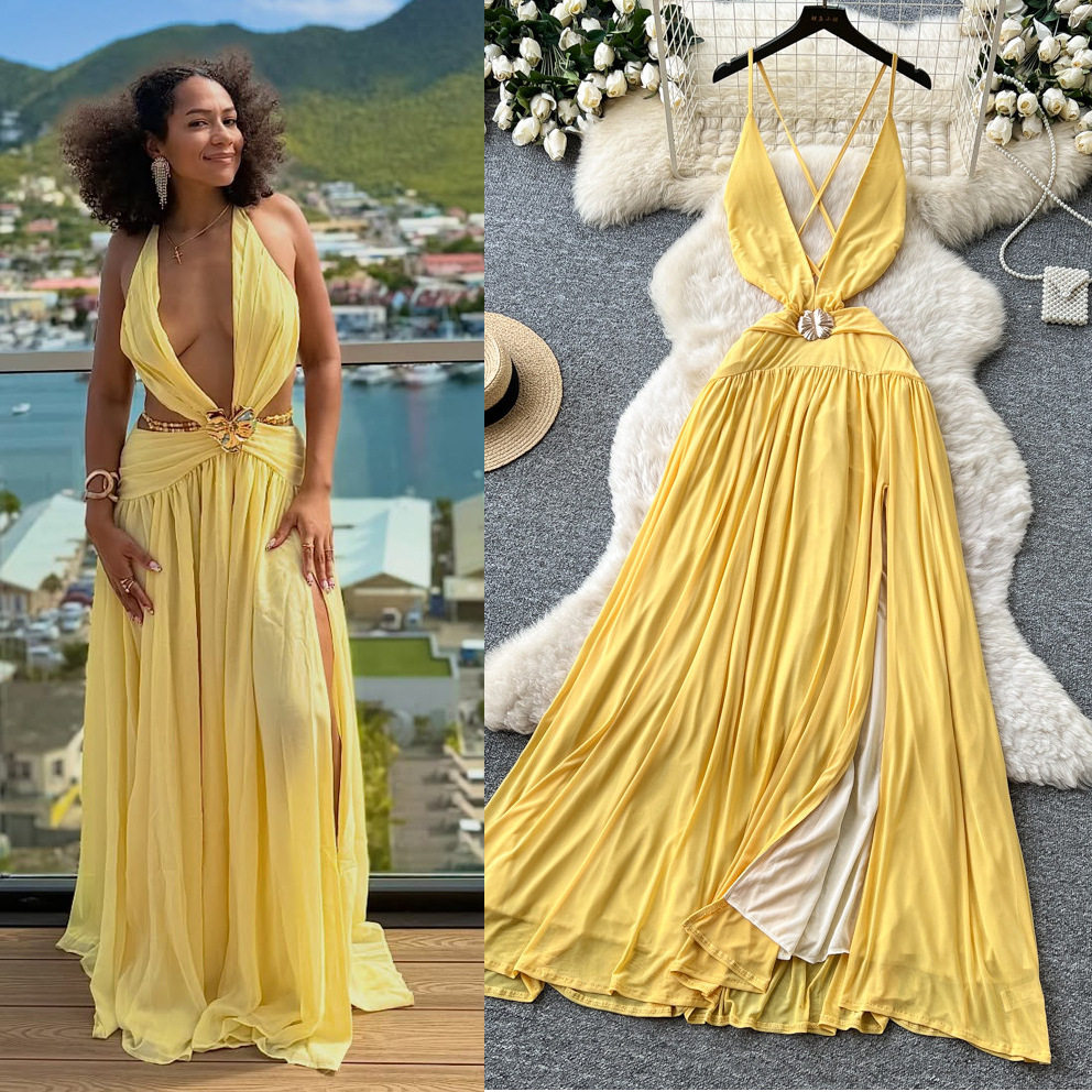 Yellow V Neck Halter Maxi Dress for Women Summer Vacation Style Slim Fit A Line Silhouette Beachwear Wholesale