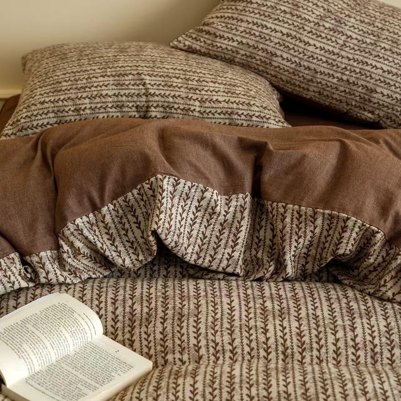 Retro Pastoral Style Skin-Friendly Holiday Naked Sleeping Cotton Yarn-Dyed Jacquard Four-Piece Set Pure Cotton Bed Sheetss and Quilt Covers Bedding