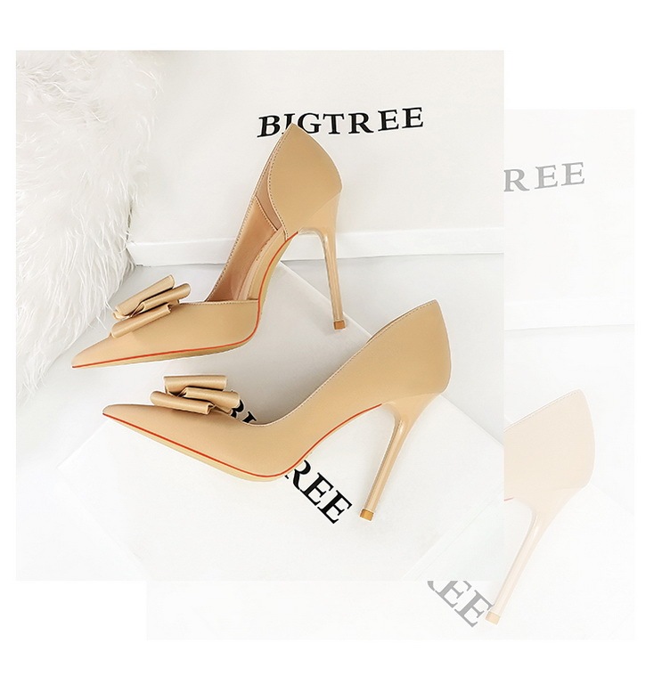 Giày cao gót nữ mũi nhọn gót siêu cao 10.5cm mặt lụa satin thắt nơ hở hông — Màu đen, Màu đỏ hoa hồng, Màu đỏ rượu, Màu hồng