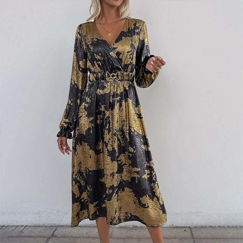 Vintage Party Dress V Neck Long Sleeve Gold Foil Detail Elegant Style for Special Occasions Wholesale Available