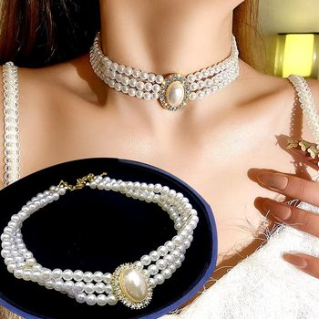 Ethnic-style Imitation Pearl Short Diamond-encrusted Necklace Collarbone Chain Design Sense Internet Popular Retro Niche Fashion All-match