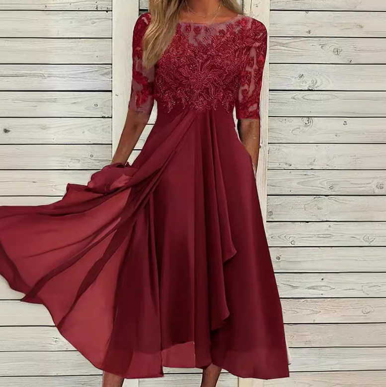 Chiffon Lace Overlay Long Dress Elegant Hollow Out Design Perfect for Bridesmaids and Evening Events Wholesale Available