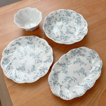 French Retro Fog Blue Full Flower Relief Ceramic Tableware Ceramic Plate Dessert Plate Dinner Plate Bowl