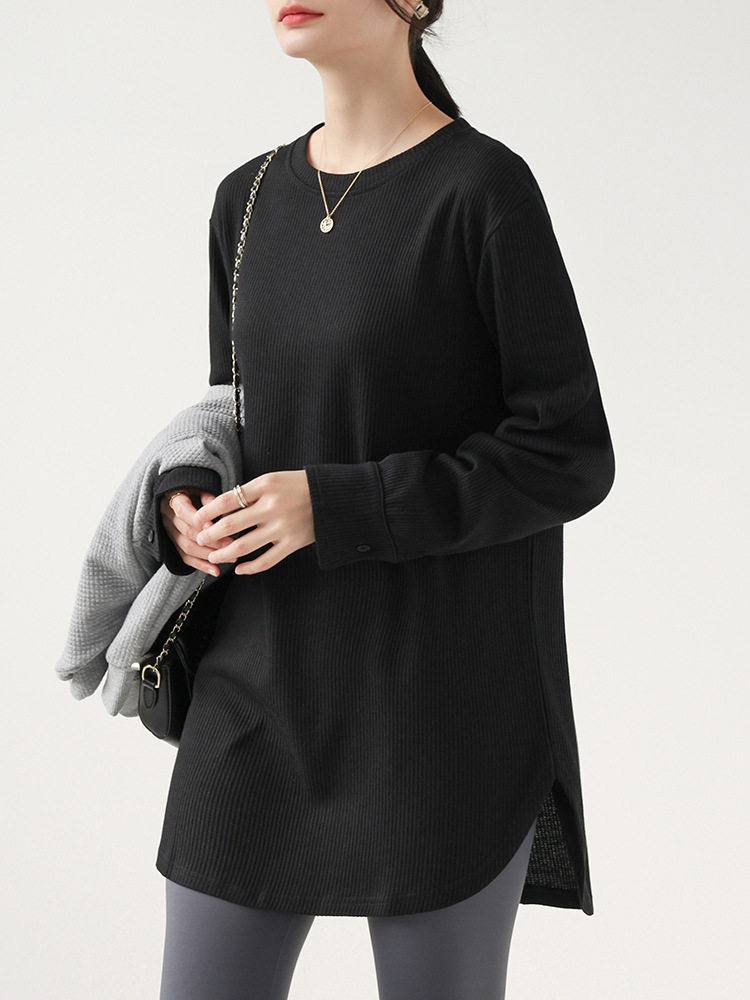 Waffle Butt-Covering Long-Sleeved T-Shirt for Women in Spring & Fall, Pregnant Women's Inner Arc Top, Mid-Length Loose Bottoming Shirt