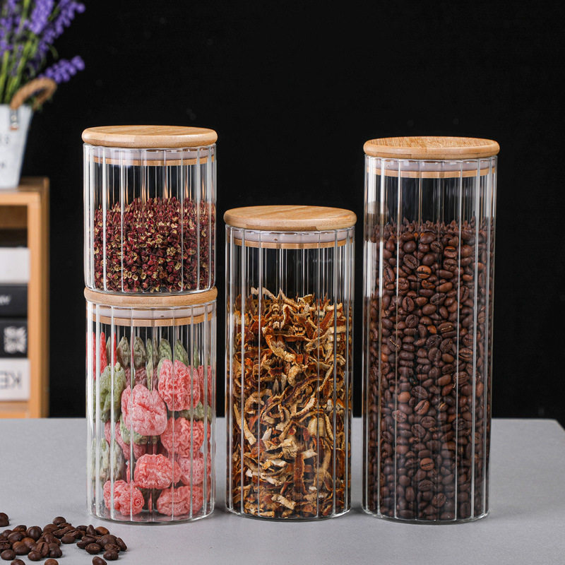 Vertical Striped Storage Jars in Various Sizes, Kitchen Storage Household Moisture-Proof Sealed Jars, High Borosilicate Glass Transparent Large Capacity