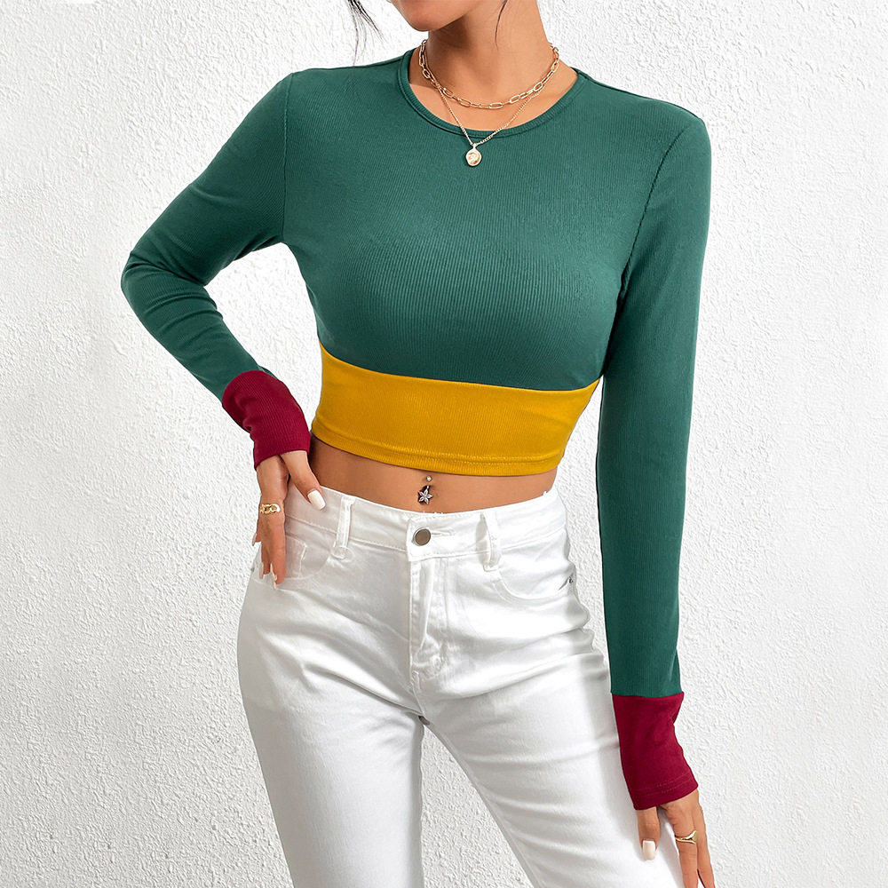 Womens Color Block Long Sleeve T Shirt Slim Fit Round Neck Stylish Design Autumn Winter Fashion Wholesale Available