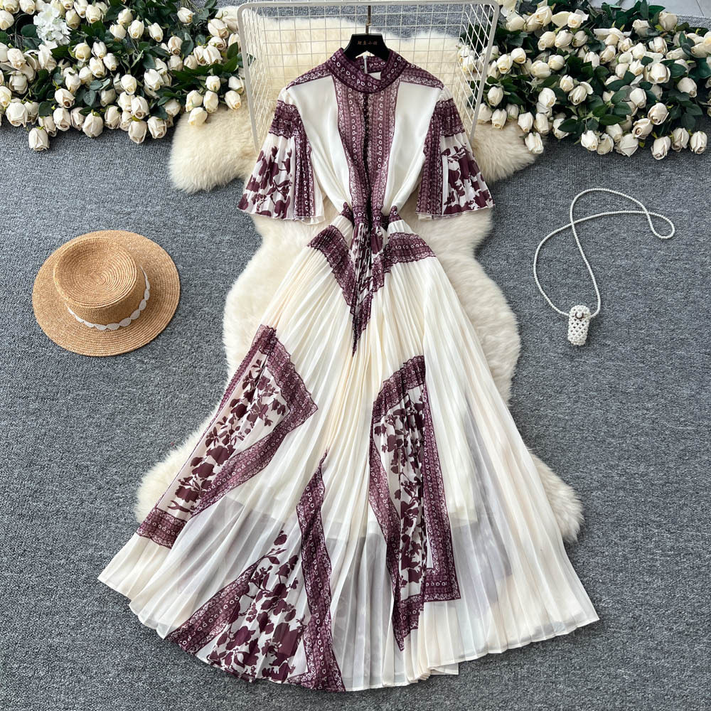 French Style Floral Maxi Dress for Women with Pleated Design and Stand Collar Available in Multiple Colors and Sizes