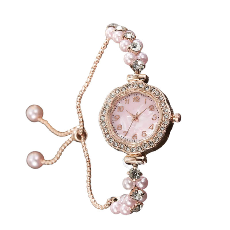 New Trendy Influencer Style Double-Row Pearl Full Diamond Sunflower Dial Compact Thin Strap High-Value Digital Face Bracelet Watch