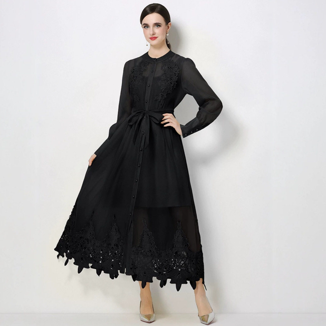 Korean Style Embroidered Hollow Out Dress Long Sleeve Waist Defining Slim Fit Yellow Summer Office Wear Wholesale