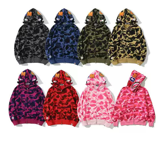 Cross-border wholesale new shark sweater camouflage cotton terry embroidery men's and women's fashion cardigan zipper hooded jacket