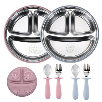 Cross-Border Divided Plate Children's Stainless Steel Deepened Tableware Food-Grade Silicone Anti-Fall Suction Cup Bowl Fork and Spoon Set