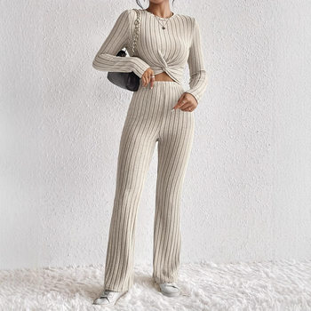 European and American Cross-Border Popular Casual Solid Color Two-Piece Set with Knotted Front Long-Sleeved Short Top and Slim Pants Suit