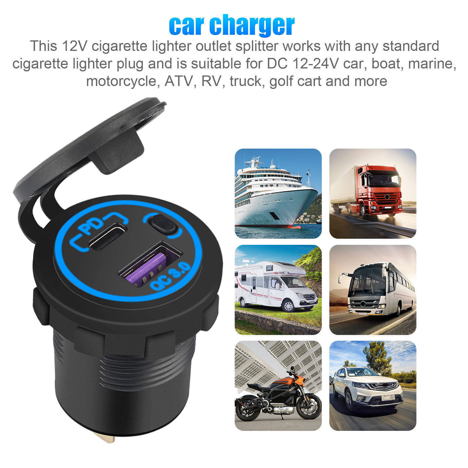 Car Rv Motorcycle Yacht Universal Car Charger Car Modified Charger Apple Mobile Phone Flash Charging Pdqc Fast Charging USB